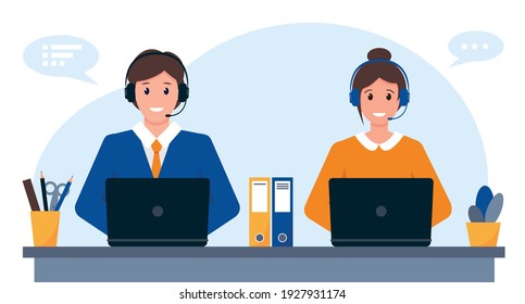 Young Man And Woman With Headphones, Microphone And Computer. Customer Service, Support Or Call Center Concept. Vector Illustration.