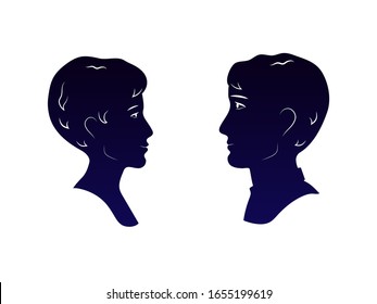 Young man and woman heads dark blue profiles silhouettes looking each other in the eyes, romantic date vector illustration
