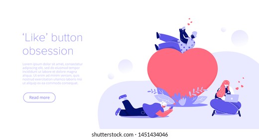 Young man and woman with hearts and smartphone. Pressing like button in social media. Modern flat vector illustration design. Web banner layout template for website.