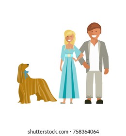 Young man and woman with his dog on the white background. Vector illustration eps 10