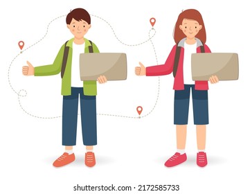 A young man and woman is hitchhiking and holding a sign in his hands. Route with points. Vector flat illustration.