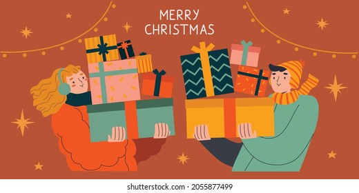 Young man and woman holding big stacks of christmas gift boxes. Merry christmas, new year concept. Hand drawn vector flat cartoon style illustration for greeting card 