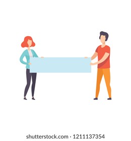 Young man and woman holding blank banner, promotion, advertising or peace protest concept vector Illustration on a white background