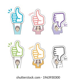 Young man and woman holding cardboard plate ( thumb up, thumb down ) illustration set.