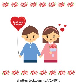 Young man and woman holding hand with red heart balloon and bouquet isolated on white. Cute cartoon couple in flat design. Love you forever vector illustration. 