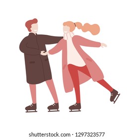 Young man and woman holding hands and ice skating together. Seasonal recreational activity. Romantic date. Funny cartoon characters isolated on white background. Colored flat vector illustration.