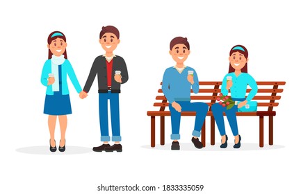 Young Man and Woman Holding Hands and Sitting on Bench Vector Illustration Set