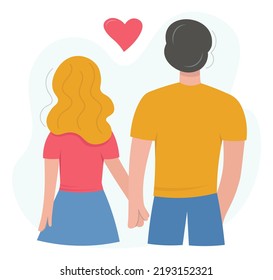 Young man and woman are holding hands. Date of a young couple. Back view. The concept of independence, freedom and the union of people against the enemy. Flat vector illustration on a light background