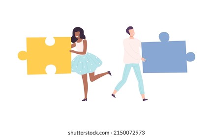 Young Man and Woman Holding Huge Jigsaw Puzzle Vector Set
