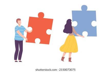 Young Man and Woman Holding Huge Jigsaw Puzzle Vector Set