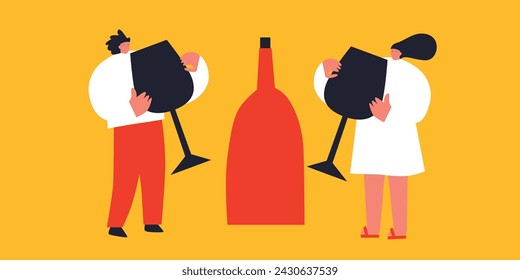 Joven y mujer sosteniendo una enorme copa de vino. Concepto de amante del vino. Divertido póster de tipografía de colores. Vector
