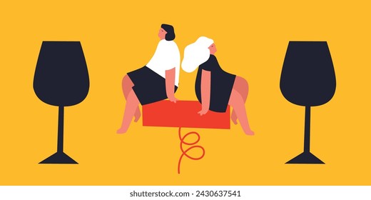 Young man and woman holding huge glass of wine. Wine lover concept. Funny colored typography poster. Vector
