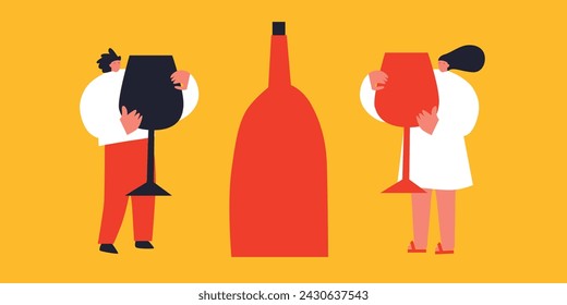 Joven y mujer sosteniendo una enorme copa de vino. Concepto de amante del vino. Divertido póster de tipografía de colores. Vector
