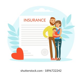 Young Man and Woman Holding Little Baby in Arms with Insurance Document Behind Vector Illustration