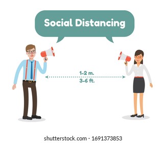 Young man and young woman, holding megaphone requesting other people avoid and prevent Coronavirus pandemic and Covid-19 spreading by social distacing. Coronavirus Disease awareness.