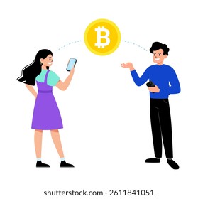 Young man and woman holding mobile phone with relocating bitcoins into wallet. Concept of bitcoin exchange, mining, cryptocurrency cold wallet, mobile banking. Transfer money from Bitcoin coin wallet 