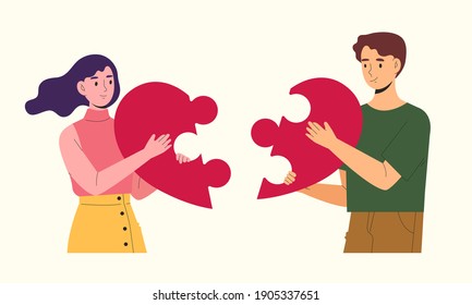 Young man and woman holding pieces of heart that is matching. Love couple match. Valentine's day. Soulmate. Heart jigsaw. Date or blind date. Flat vector illustration character.