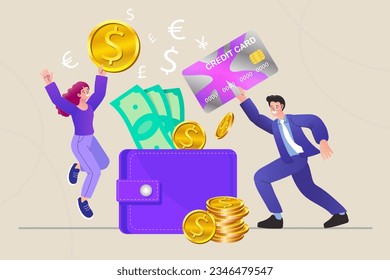 young man and woman holding plastic card and girl with coin. Salary, credit balance and budget concept. Successful Business People Put Money in Huge Purse. Cartoon Vector Illustration.