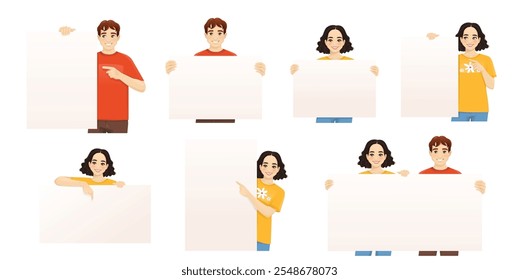 Young man and woman with holding pointing to the empty blank board together. Isolated vector illustration set