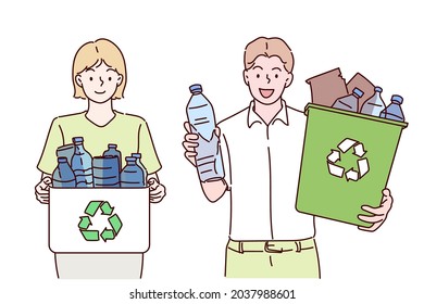 Young man and woman holding a recycling bin full of plastic bottles. Sustainability concept. Hand drawn in thin line style, vector illustrations.