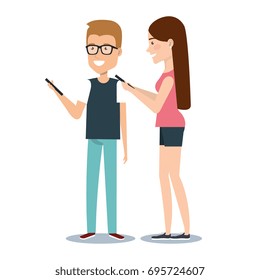 young man and woman holding smartphone using by mobile phone cartoon