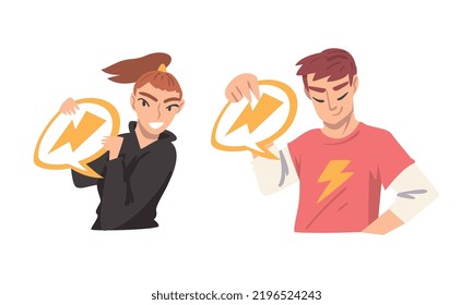 Young Man And Woman Holding Speech Chat Bubble In Her Hands Vector Set