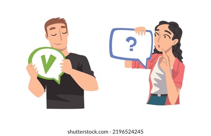 Young Man And Woman Holding Speech Chat Bubble In Her Hands Vector Set