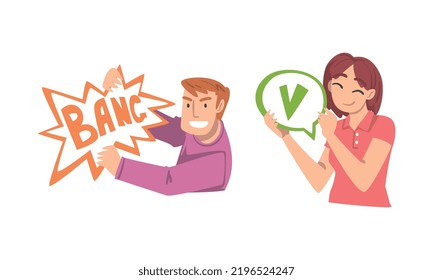 Young Man And Woman Holding Speech Chat Bubble In Her Hands Vector Set