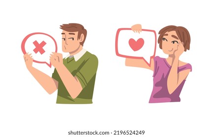 Young Man And Woman Holding Speech Chat Bubble In Her Hands Vector Set