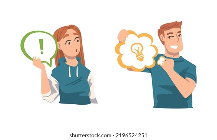 Young Man And Woman Holding Speech Chat Bubble In Her Hands Vector Set