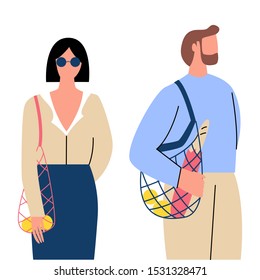 Young man and woman holding string bags. Green lifestyle flat vector illustrations set.  Concept of zero waste, environment, vegetarianism, ecology protection. Flat vector illustration