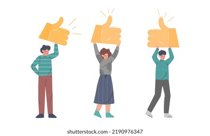Young Man and Woman Holding Thumb Up Sign as Notification of Approval Vector Set