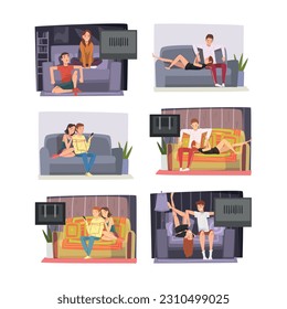 Young Man and Woman at Home Sitting on Sofa and Watching Movie Together Vector Set