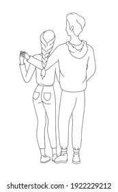 Young man and woman hugging. Couple in hand-drawning style vector illustration 