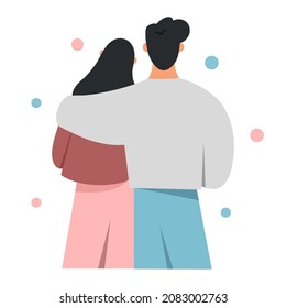 Jóvenes abrazando. La linda pareja abrazándose. El concepto de apoyo y amor entre amigos o familia. Ilustración vectorial plana aislada en fondo blanco.