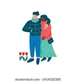 Young Man and Woman Hugging, Happy Romantic Couple Walking Dressed in Seasonal Clothes Vector Illustration