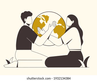 Young man and woman hugging planet. Concept of environmental protection and nature care. Happy Earth Day. Design for greeting card, poster, web or print. Flat vector illustration.