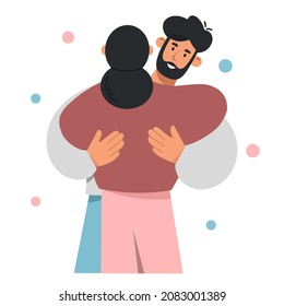 Young man and woman hugging. The smiling couple embracing each other. The concept of support and love between friends or family. Flat vector illustration isolated on white background.