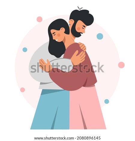 Young man and woman hugging. The smiling couple embracing each other. The concept of support and love between friends or family. Flat vector illustration isolated on white background.