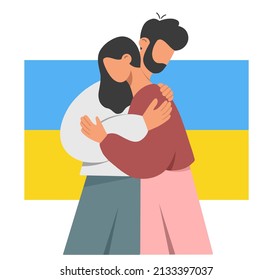 Young man and woman are hugging. Ukrainian blue and yellow flag. The concept of independence, freedom and union people against enemy. Flat vector illustration isolated on white background.