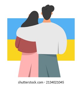 Un hombre y una mujer jóvenes están abrazando. Bandera azul y amarilla de Ucrania. El concepto de independencia, libertad y pueblo sindical contra el enemigo. Ilustración vectorial plana aislada en fondo blanco.