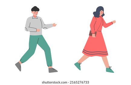 Young man woman hurrying up at work or and rushing on urgent businesses cartoon vector illustration