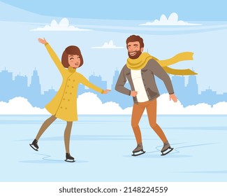 Young Man and Woman Ice Skating on Rink with Cityscape Background Scene Vector Illustration