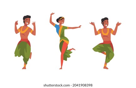 Young Man and Woman Indian Dancer with Bindi in Traditional Clothes Performing Folk Dance Vector Set