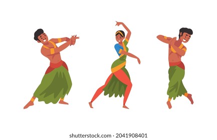 Young Man and Woman Indian Dancer with Bindi in Traditional Clothes Performing Folk Dance Vector Set