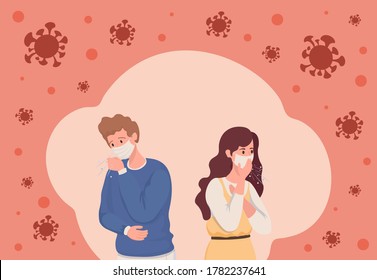 Young man and woman infected with Coronavirus vector flat illustration. People in medical face masks have a cough, surrounded by Covid-19 cells. Sick persons having cold.