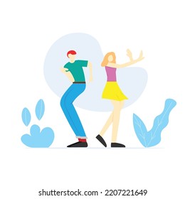 Young man and young woman influencers are dancing to the viral song to create a social media contents. Flat vector illustration