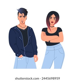 Un hombre joven y una mujer de apariencia informal con el pelo de colores brillantes. Avatares de personajes femeninos y masculinos para perfiles de usuario. Ilustración vectorial plana aislada sobre un fondo blanco