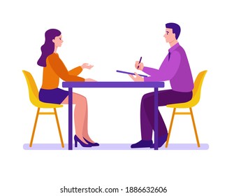 Young Man And Woman Are Interviewed At The Table. Employment Process, Candidate Selection, Journalistic Interview. Vector Concept In Flat Cartoon Style. Isolated On White Background.