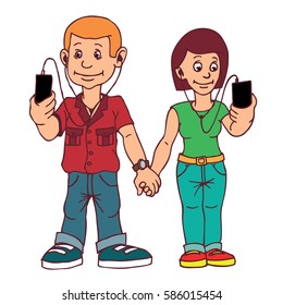 Young man and woman isolated. On a date. Attention to each other do not pay. Listen to music, chatting on the Internet.